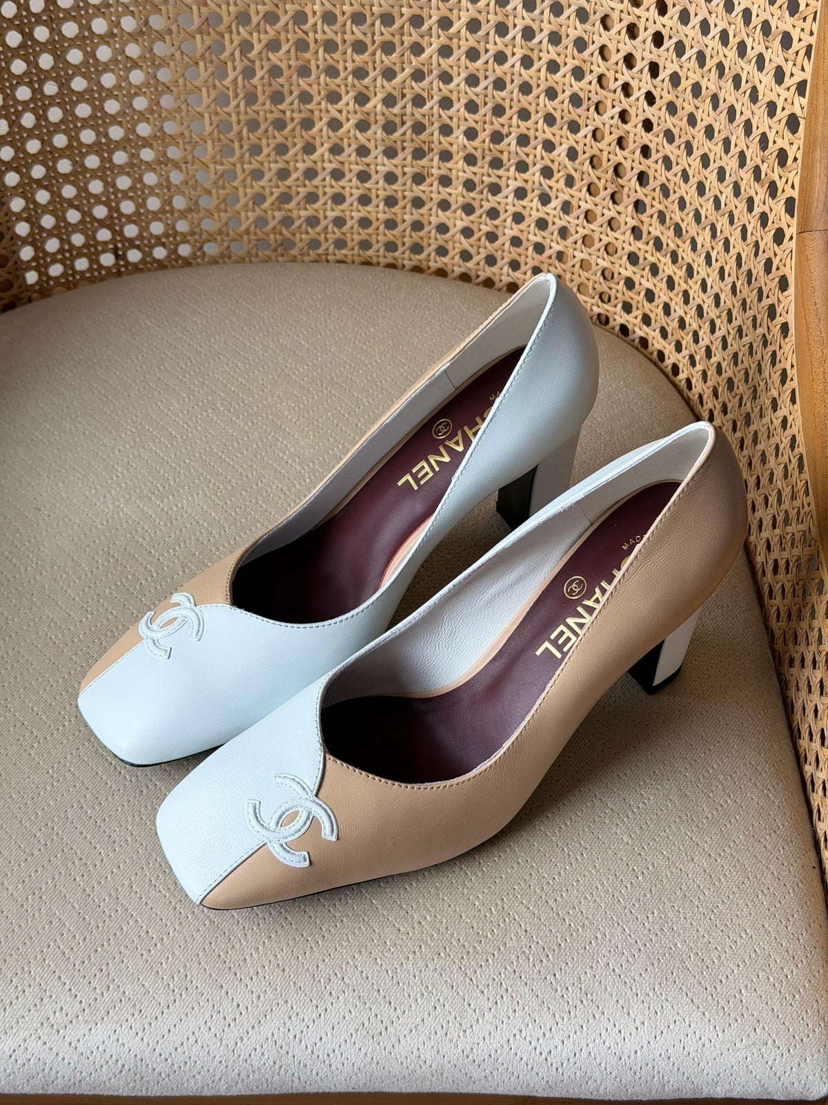 CHANEL Asymmetric Square-Toe Block-Heel Pumps