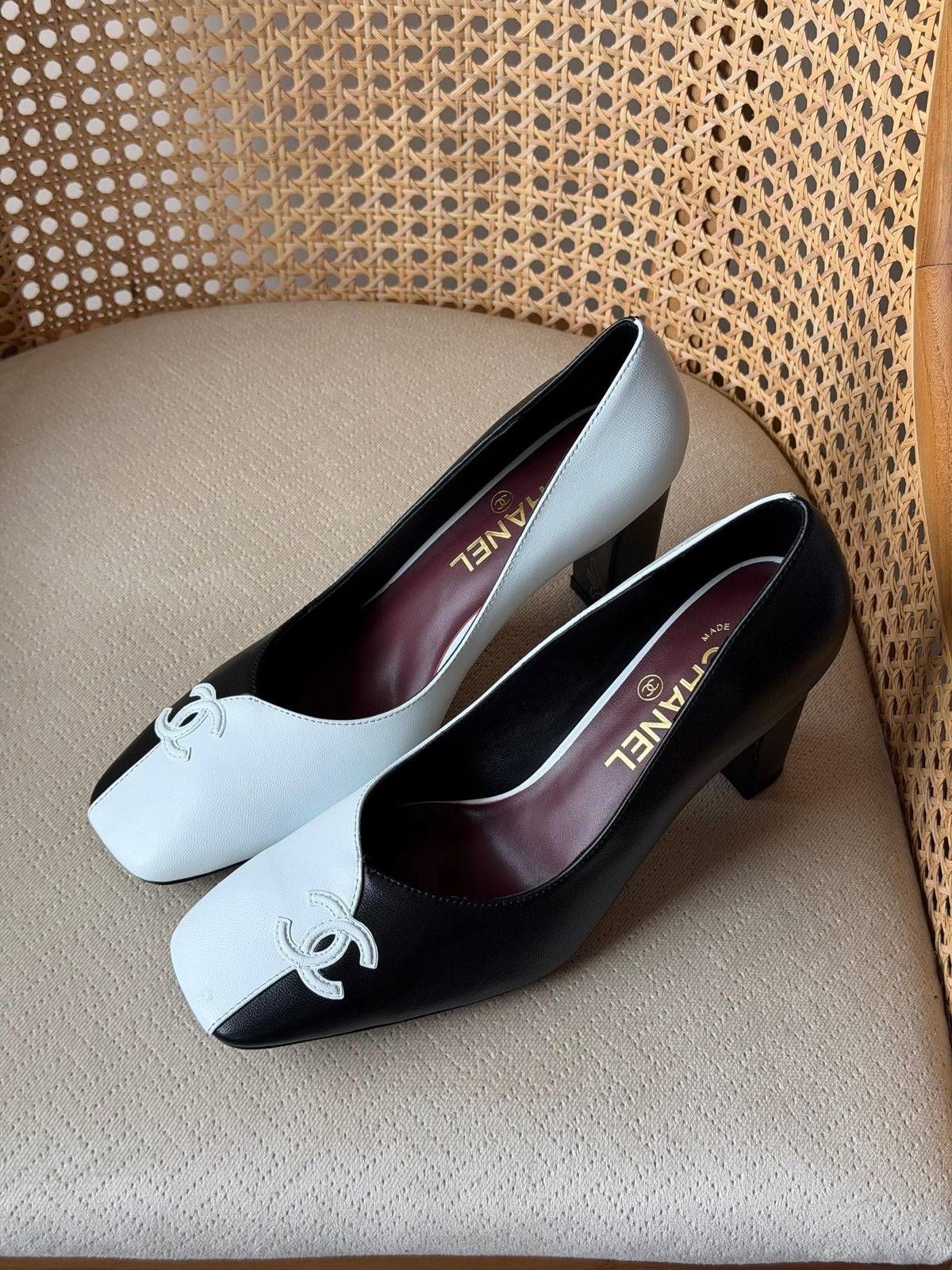 CHANEL Asymmetric Square-Toe Block-Heel Pumps