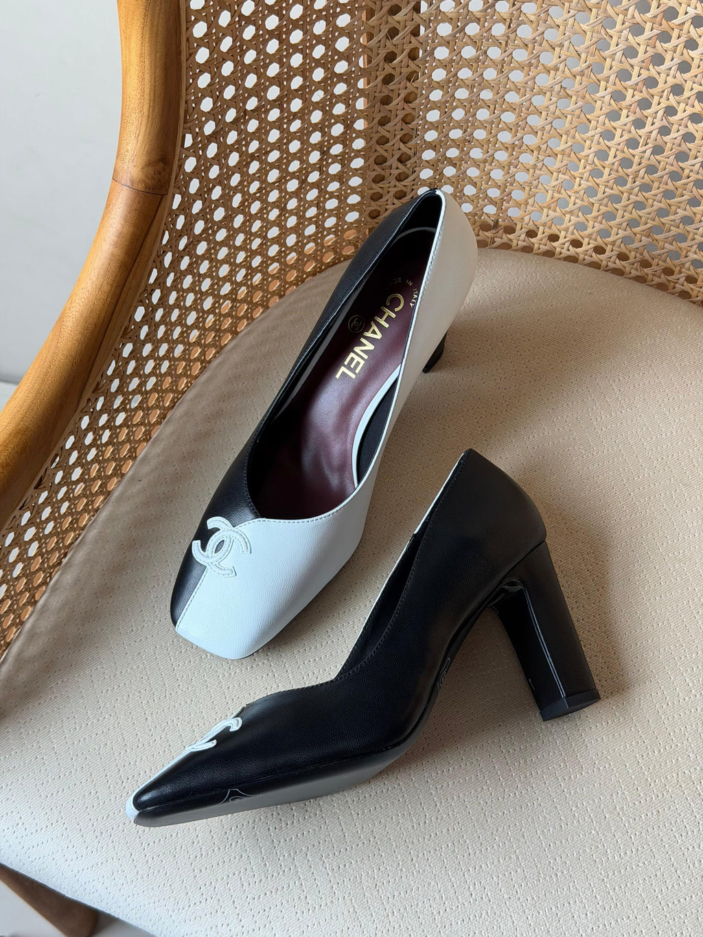 CHANEL Asymmetric Square-Toe Block-Heel Pumps