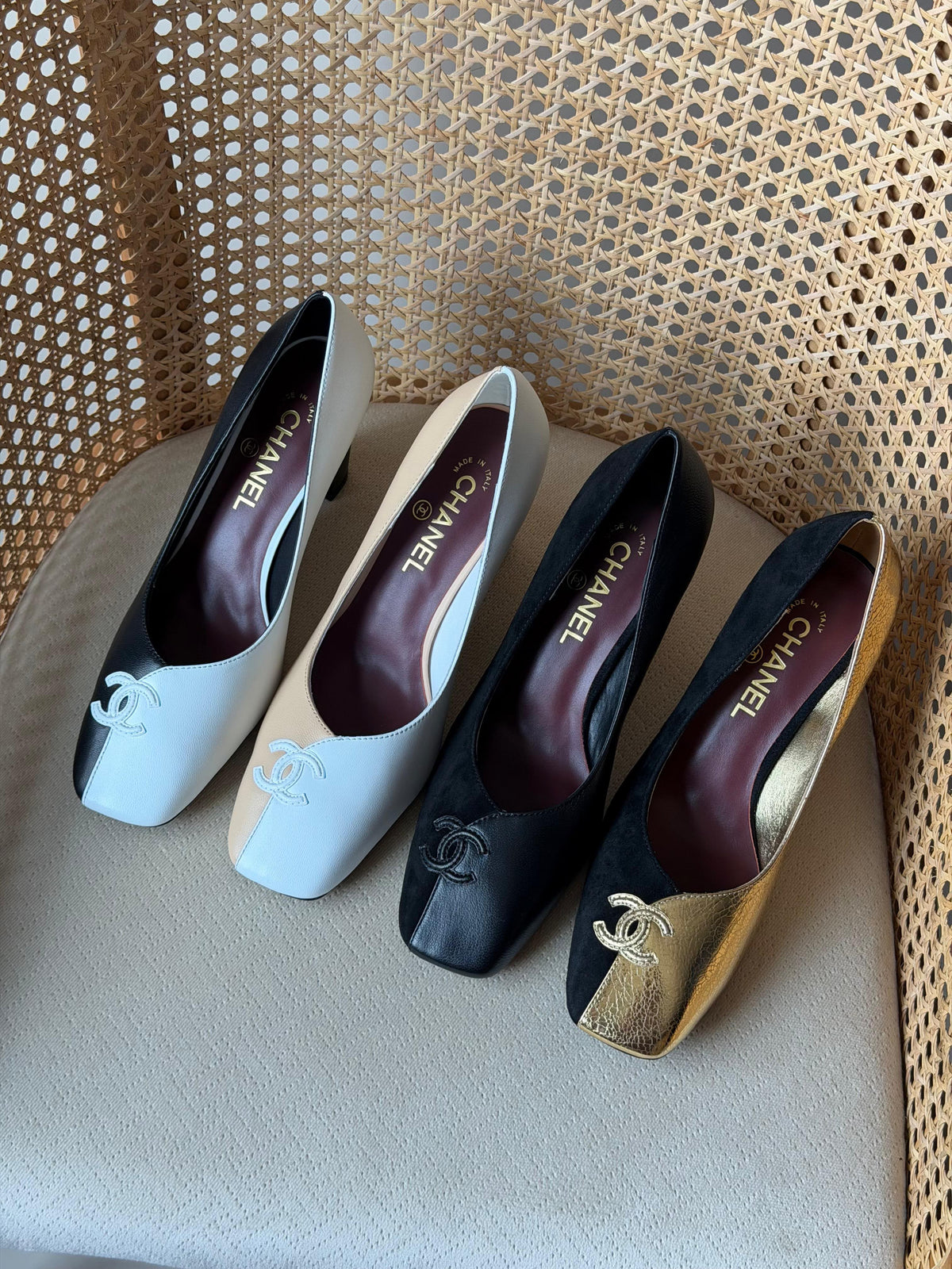 CHANEL Asymmetric Square-Toe Block-Heel Pumps