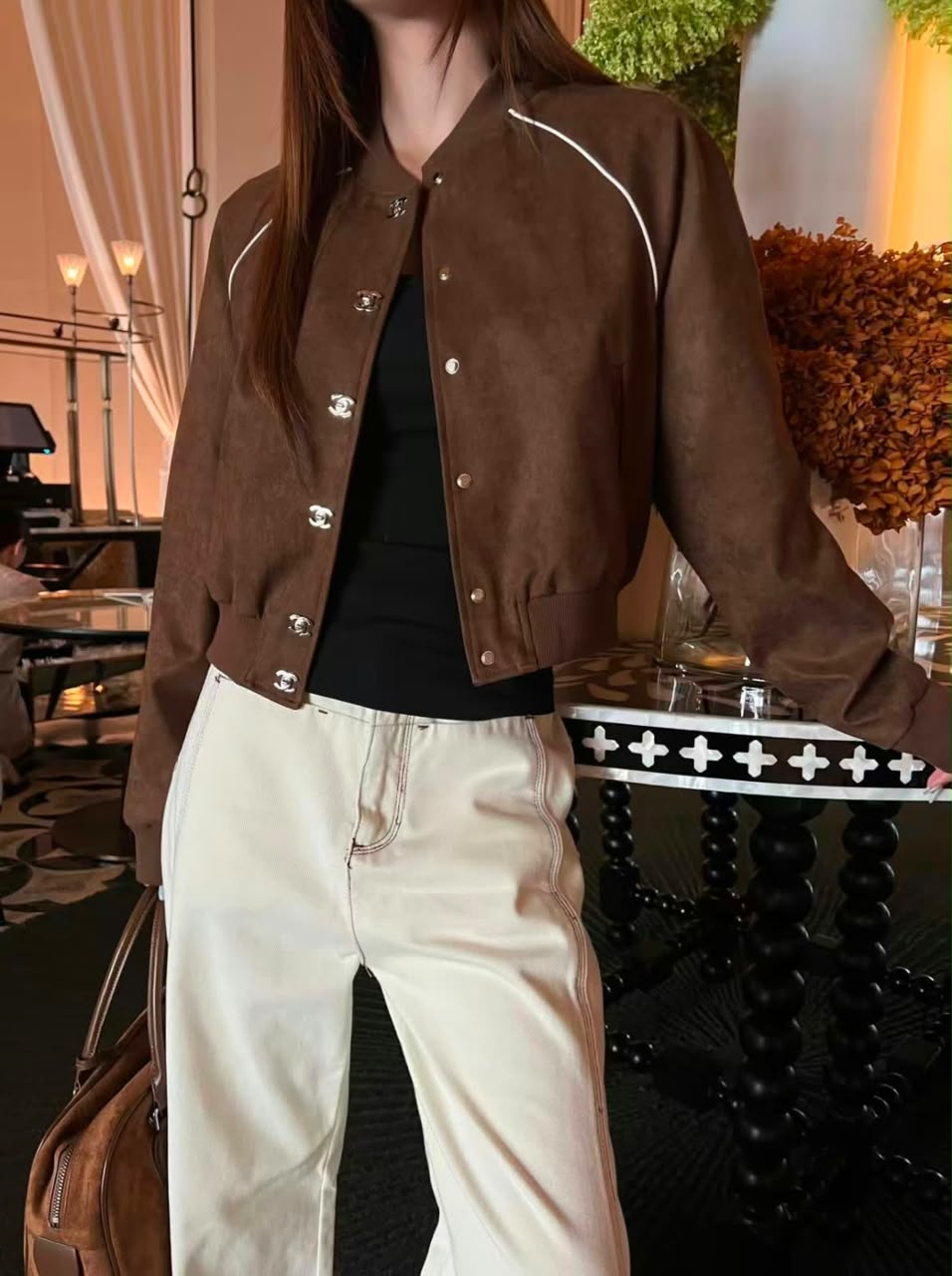 CHANEL Contrast-Piping Button-Front Bomber Jacket