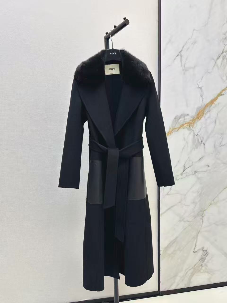 FENDI Belted Long Coat with Plush Collar