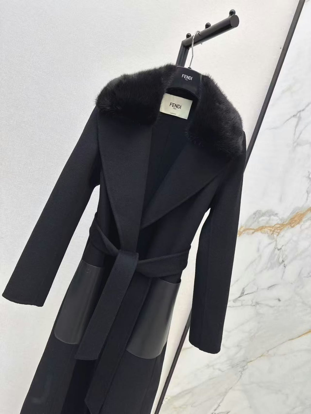 FENDI Belted Long Coat with Plush Collar