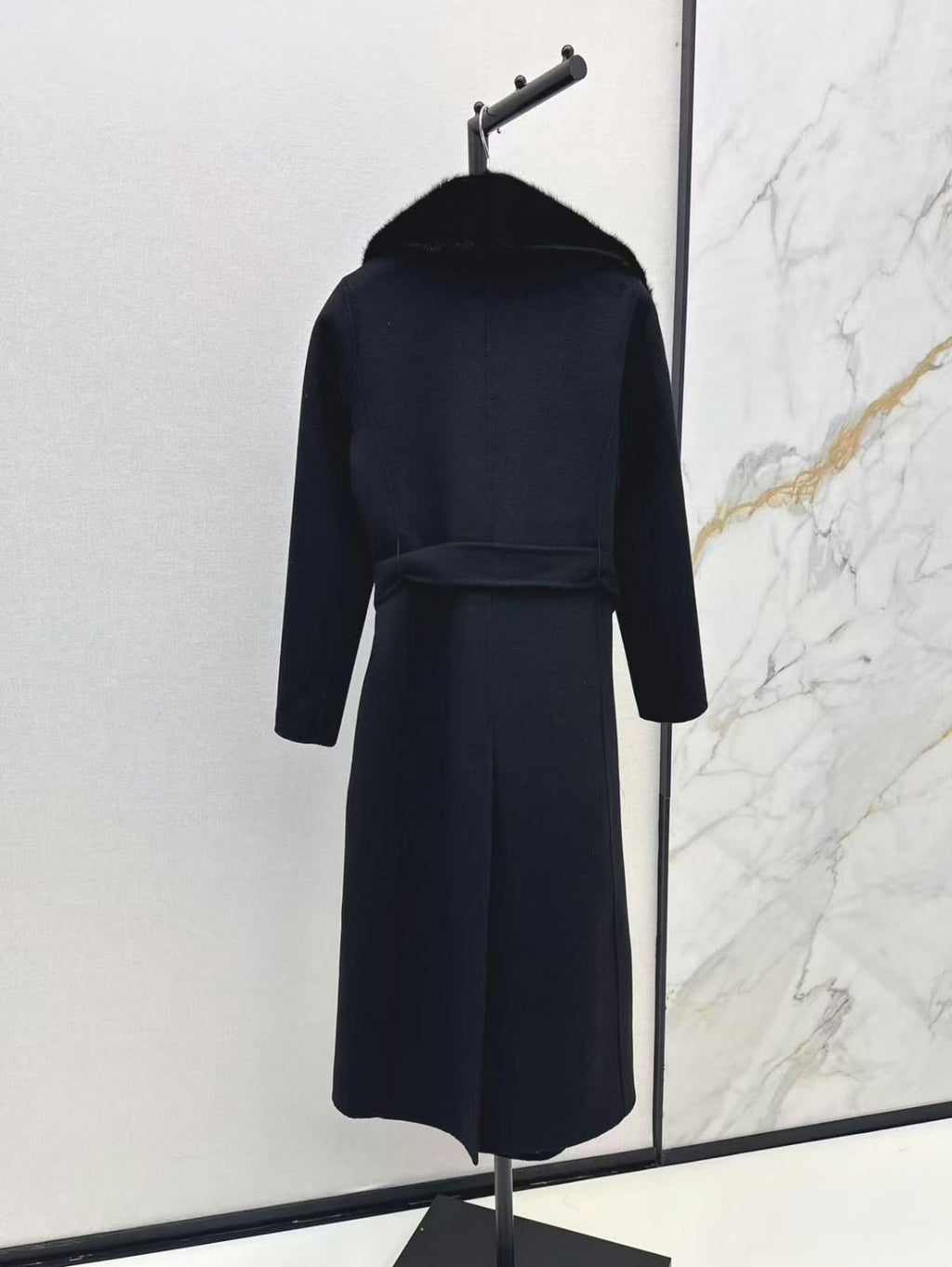 FENDI Belted Long Coat with Plush Collar