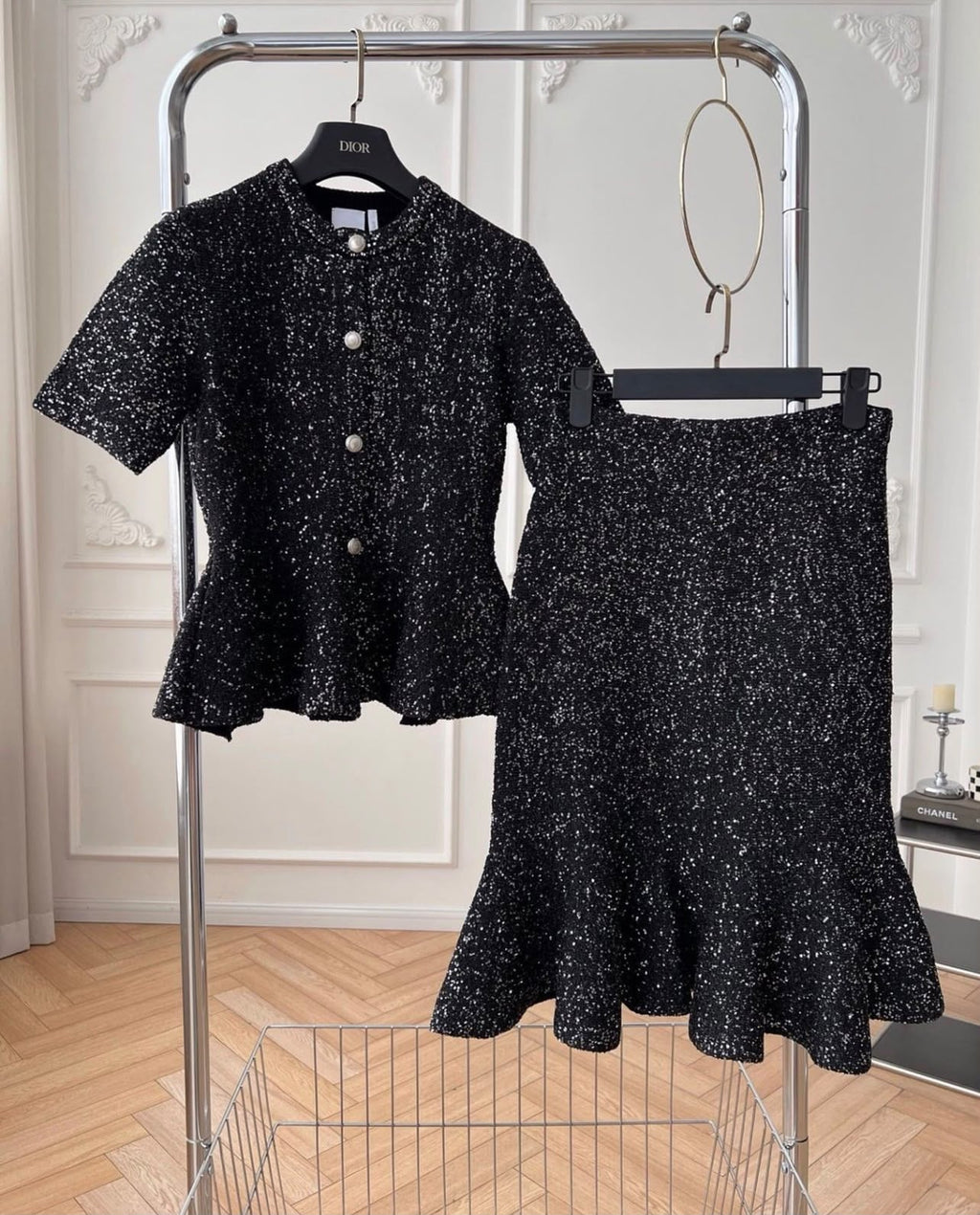 Dior Short-Sleeve Peplum Top and Flared-Hem Skirt Set