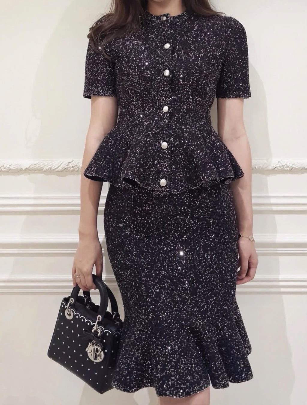 Dior Short-Sleeve Peplum Top and Flared-Hem Skirt Set