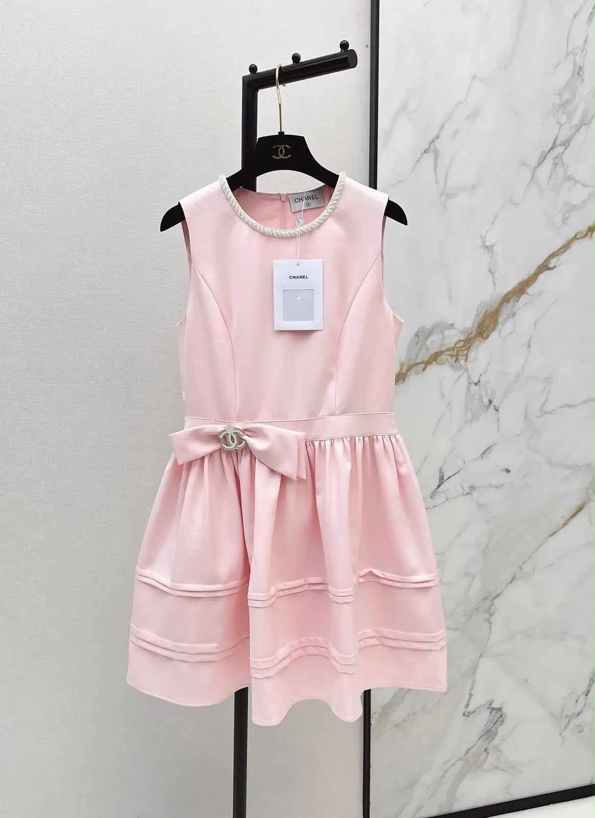 CHANEL Sleeveless Bow-Waist Flared Dress