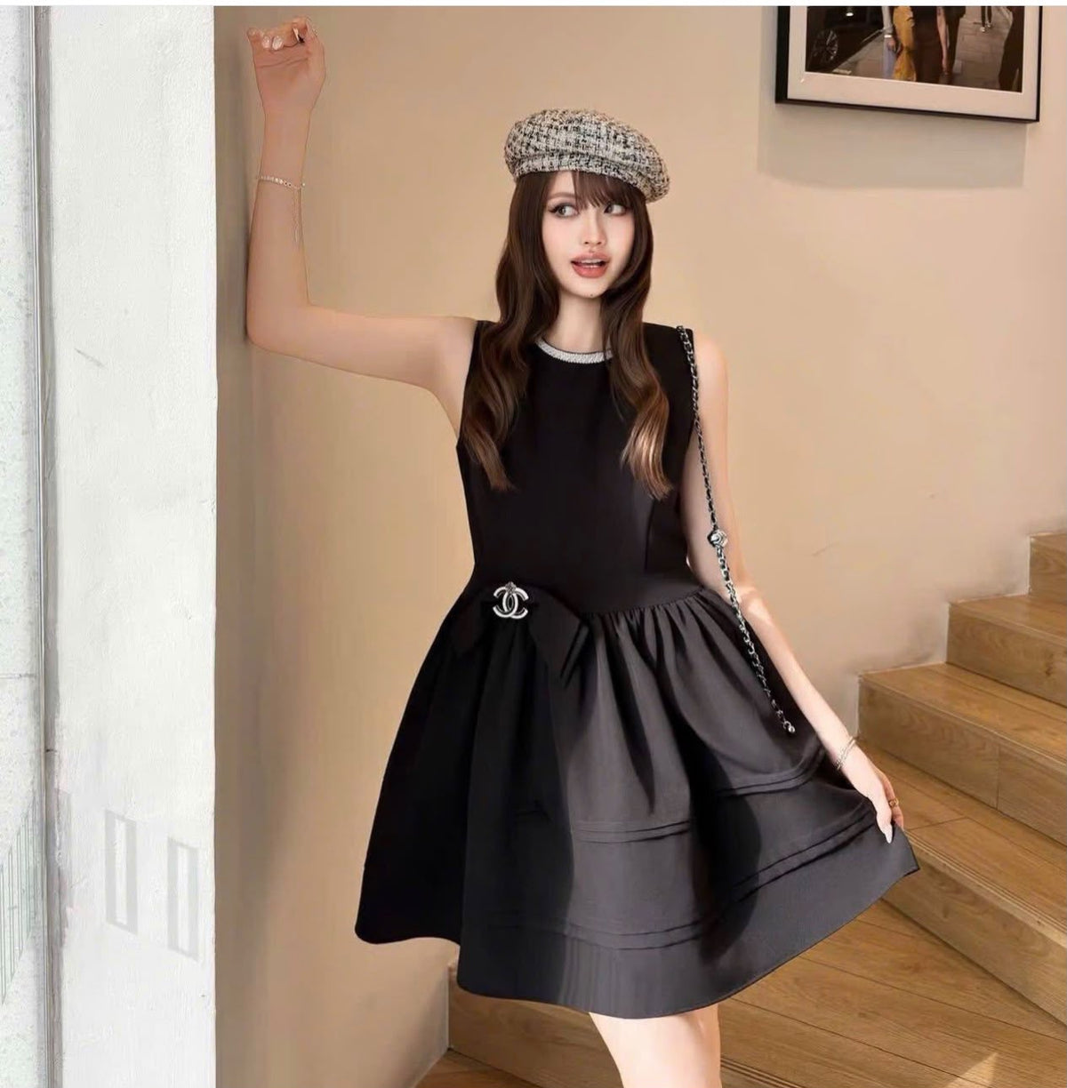 CHANEL Sleeveless Bow-Waist Flared Dress