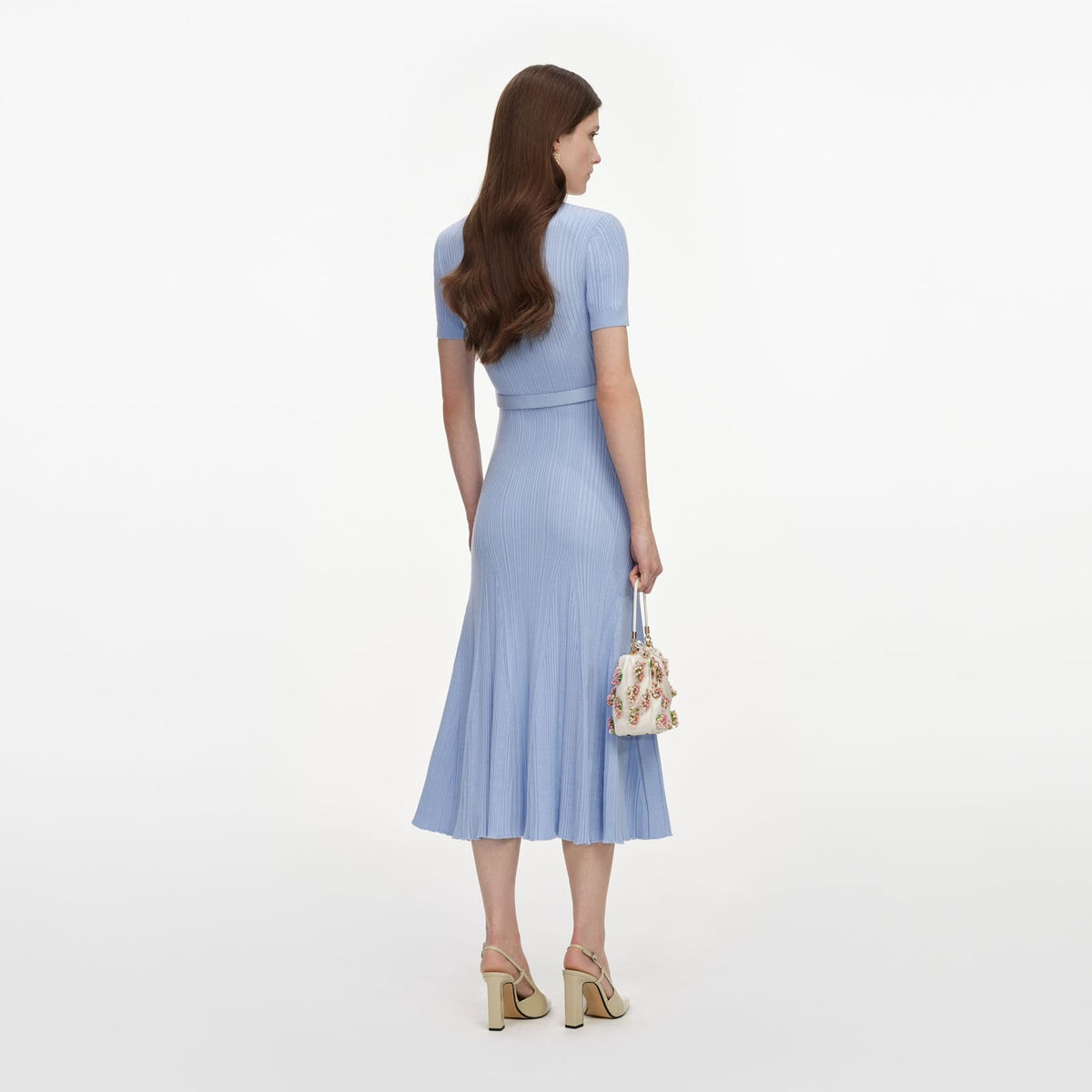 Self-Portrait Contrast-Collar Belted Midi Dress