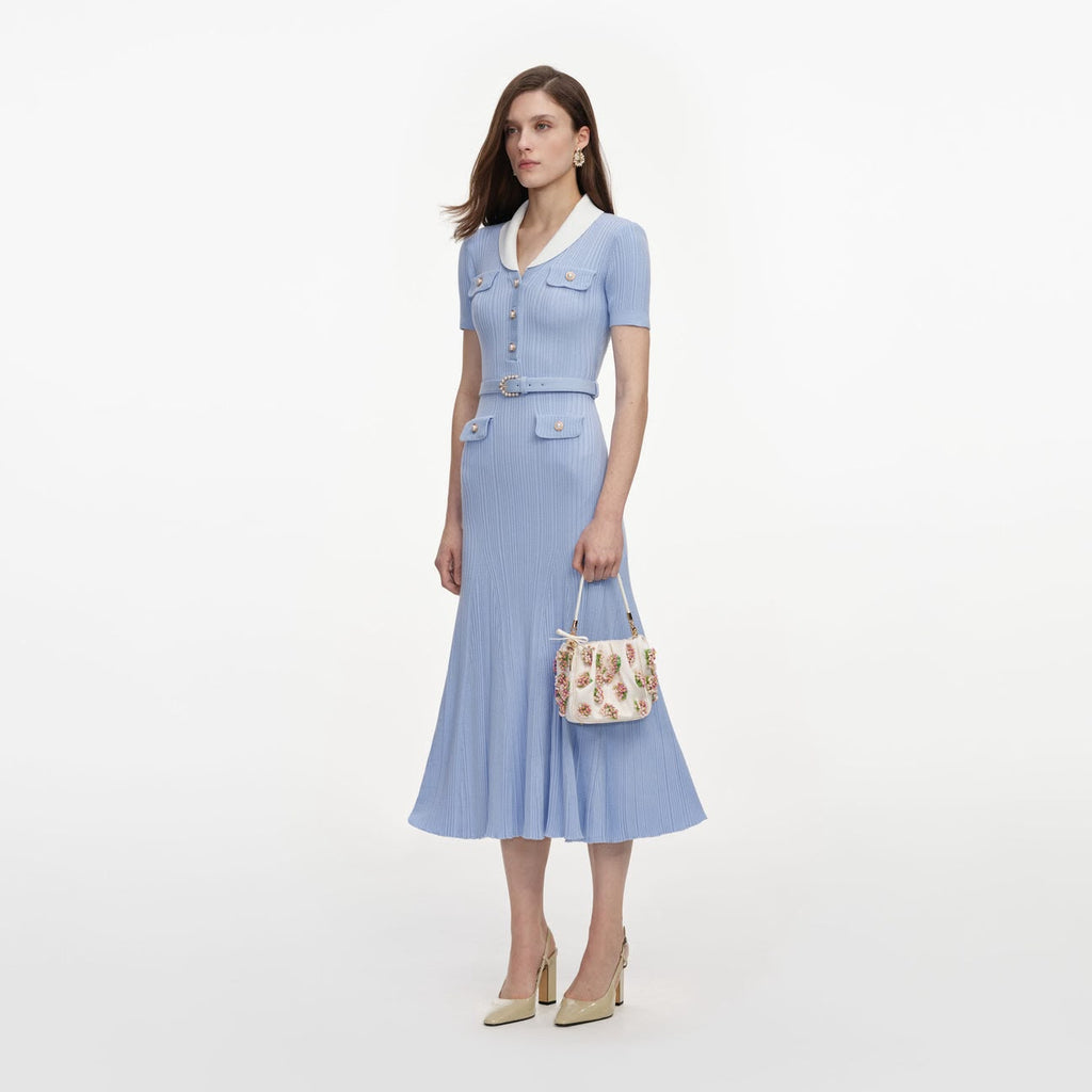 Self-Portrait Contrast-Collar Belted Midi Dress
