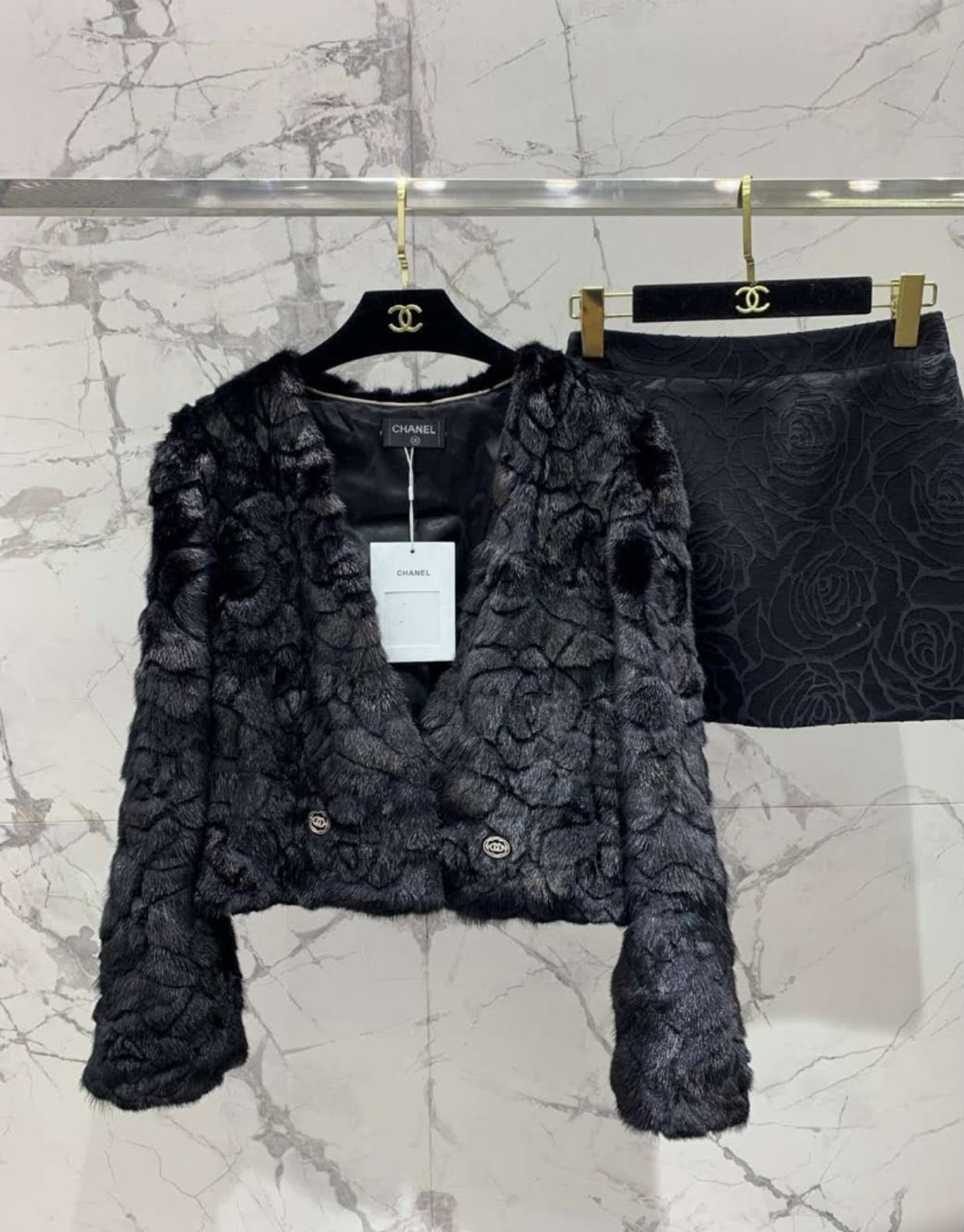 CHANEL Textured Jacket and Floral Mini Skirt Set