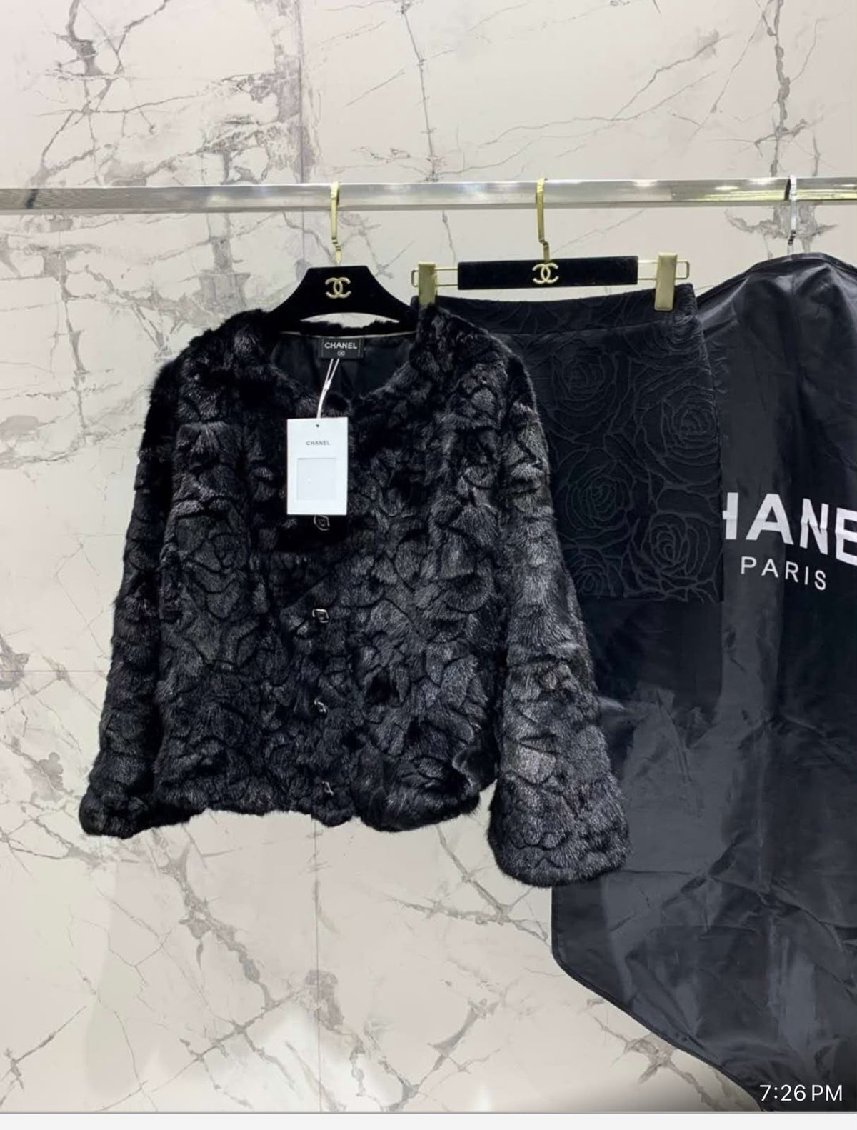 CHANEL Textured Jacket and Floral Mini Skirt Set